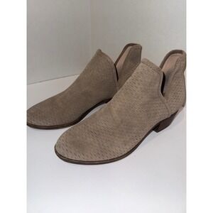 Lucky Brand Women Ankle Booties Taupe Suede Perforated V Cut Casual Shoes Size 9